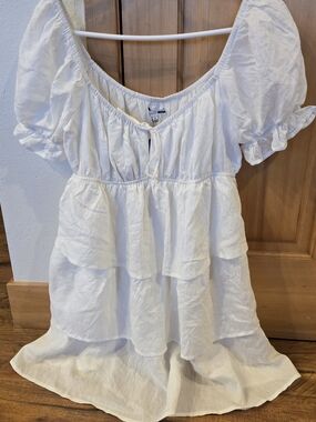 Fashion Nova White Tiered Peasant Tunic with Puff Sleeves